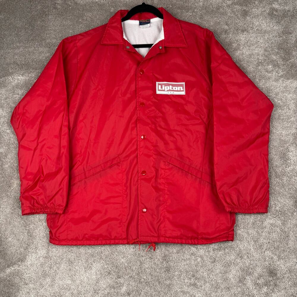 Vintage Hilton USA Lipton Tea Promo Coach Jacket Mens Size Large Red Snap 90s